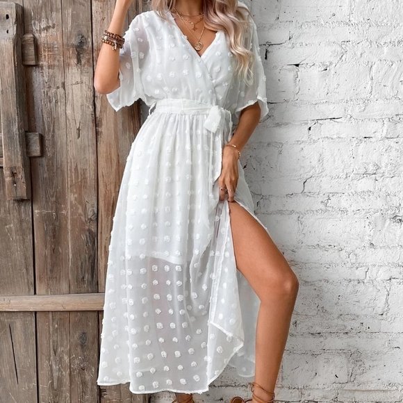 Boho Swiss Dot Wrap Detail Dolman Sleeve Belted Dress white - Picture 2 of 5